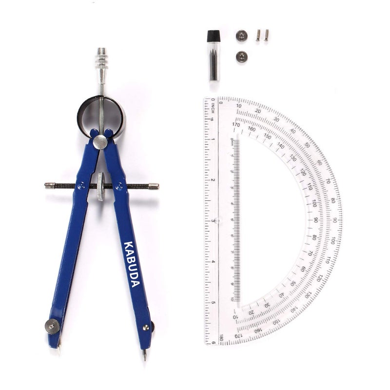 KABUDA Professional Precision Compass Set, Metal Spring Bow Compass with Protractor, Lock, Pencil Leads & Screw Replacements, for Geometry, Math, Drafting, Drawing & Measuring, School & Office Supplies - Image 1